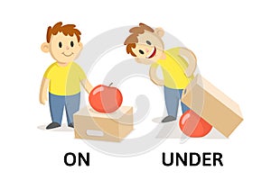 Words on and under flashcard with cartoon boy charactes. Opposite prepositions explanation card. Flat vector
