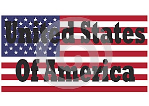 The words United States of America with the American flag in the white backdrop