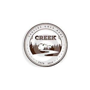 Vintage Retro River Creek Mountain Pine Cedar Spruce Tree Forest Logo Design Vector photo
