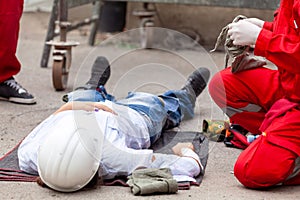 Work accident or workplace accident at construction site. First aid and CPR training.