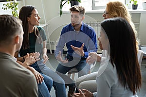 Work addict people talking on group therapy meeting