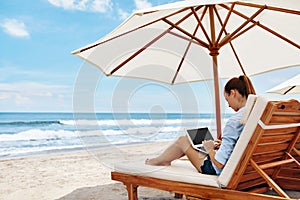 Work At Beach. Business Woman Working Online On Laptop Outdoors