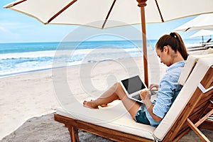 Work At Beach. Business Woman Working Online On Laptop Outdoors