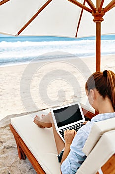 Work At Beach. Business Woman Working Online On Laptop Outdoors