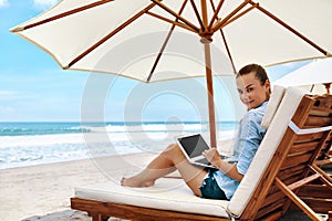 Work At Beach. Business Woman Working Online On Laptop Outdoors