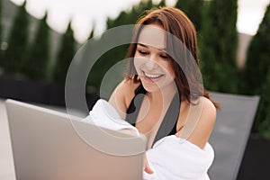 Work At Beach. Successful Business Woman Working Online In Internet Using Laptop Computer Outdoors. Girl Typing On Keyboard While