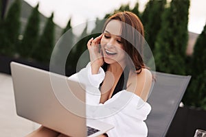 Work At Beach. Successful Business Woman Working Online In Internet Using Laptop Computer Outdoors. Girl Typing On Keyboard While