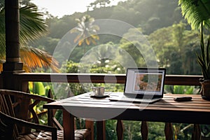 Work in beautiful place. Laptop, pc or personal computer, coffee cup on wooden table on balcony with views of lush green