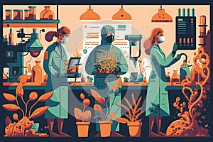 Work in a biological laboratory. An illustration created with generative AI technology