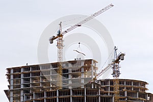 Work of builders and crane in the construction of high rise building.