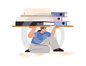 Work burden, overload and bureaucracy concept. Overworked employee with many paper documents, business folders