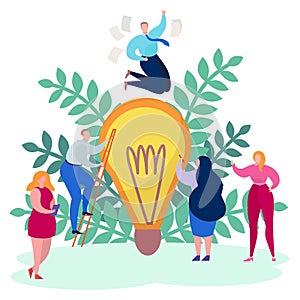 Work business people concept, creative idea vector illustration. Man woman character design success project, large bulb.
