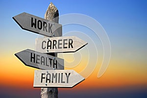 Work, career, health, family - wooden signpost, sunset sky