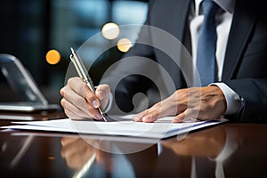 Work commitment Businesswoman at desk signs contract, solidifying a corporate agreement