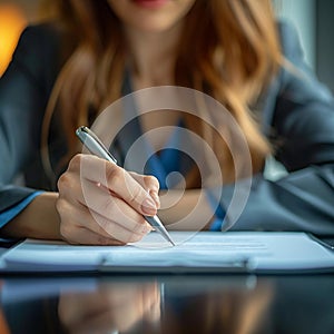 Work commitment Businesswoman at desk signs contract, solidifying a corporate agreement