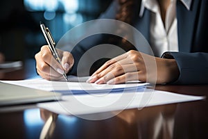 Work commitment Businesswoman at desk signs contract, solidifying a corporate agreement