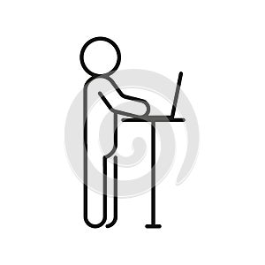 Work at computer and stand, ergonomic workplace. Correct body position. Protect health, posture. Vector outline sign