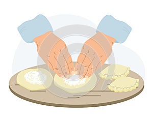 The work of a cook in the kitchen. Illustration of hands with dough. Hands mold pies, dumplings. Food illustration