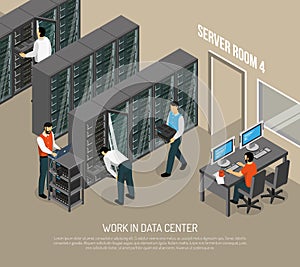 Work In Data Center Isometric Vector Illustration