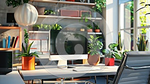 Work desk with computer and plants. Modern interior of cozy cabinet, table for businessman or student , comfortable workspace