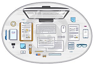 Work desk workspace top view with PC computer and analytics papers with graphs and data and stationery objects on table. All