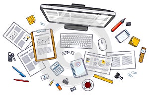 Work desk workspace top view with PC computer and analytics papers with graphs and data and stationery objects on table. All