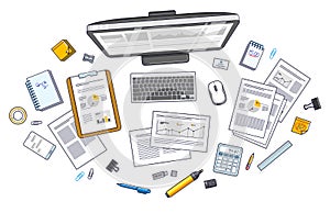 Work desk workspace top view with PC computer and analytics papers with graphs and data and stationery objects on table. All