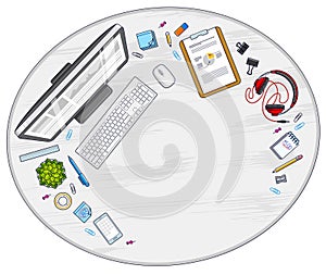 Work desk workspace top view with PC computer and a lot of different stationery objects on table with copy space for text. All photo