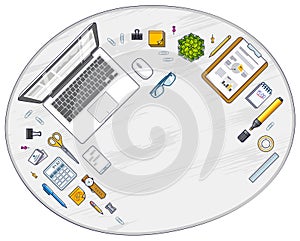 Work desk workspace top view with PC notebook and analytics papers with graphs and data and stationery objects on table. All elem