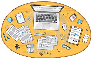 Work desk workspace top view with PC notebook and analytics papers with graphs and data and stationery objects on table. All