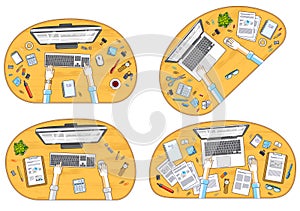 Work desks workspaces top view with hands of office workers or e