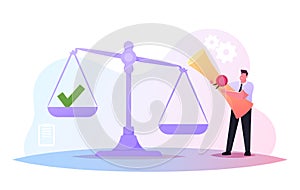 Work with Documents, Signature Authenticity Professional Service. Tiny Man in Formal Wear Holding Scroll with Stamp