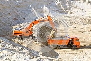 Work of the excavator and truck at a sand quarry