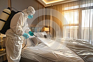 Work of an exterminator in a protective suit and breathing mask applying bed bug spray to a double bed in a hotel room