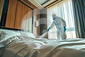 Work of an exterminator in a protective suit and breathing mask applying bed bug spray to a double bed in a hotel room