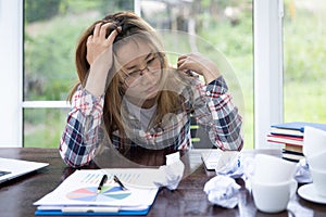 Work Failure Concept, Business Woman Having Headache While Working Using Laptop Computer. Stressed And Depressed Girl Touching Her