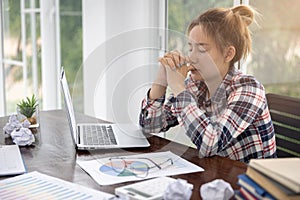 Work Failure Concept, Business Woman Having Headache While Working Using Laptop Computer. Stressed And Depressed Girl Touching Her