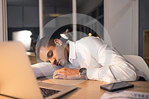 Work fatigue, business man and sleeping office employee feeling burnout from night deadline. Sleep of a digital finance