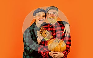 Work at fields. Harvest festival. Farmers market. Autumn mood. Couple in love checkered rustic outfit. Retro style. Fall