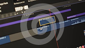 Work with footage in post production. Editing video footage. Software interface for editing video. Professional post production fo