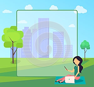 Work on Fresh Air Vector Banner Woman with Laptop