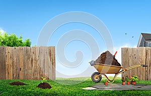 work in garden backyard lawn with tools, background with wooden fence
