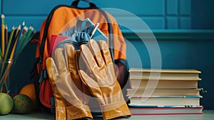 Work gloves and school gear juxtapose, underscoring education against child labor on its global awareness day