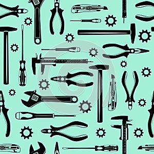 Work hand tools Black silhouettes seamless pattern, wallpaper, background.