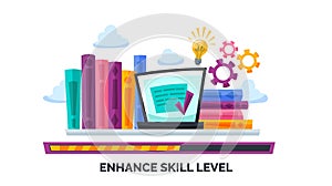 Work hard and increase develop your skill level. Books and laptop on the table show all the knowledge. Business success
