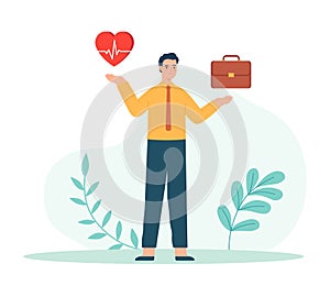 Work and health balance concept. Male character holding heart and briefcase. Comparing business stress and healthy life vector