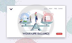 Work Home Balance Landing Page Template. Characters Balancing on Scales with Life Values. Woman Housewife Businesswoman