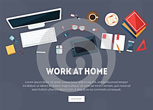Work at Home Banner, Business Workspace, Workplace Landing Page Template Vector Illustration