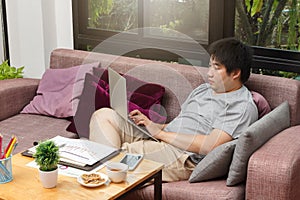 Work from home,Businessman working remotely from home. Using computer. Distance learning onlin