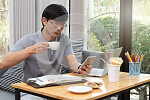 Work from home,Businessman working remotely from home. Using computer. Distance learning online education and work